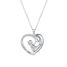 925 Sterling Silver CZ Mother Carrying Child Heart Pendant Necklace I Love You