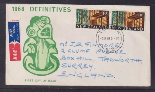 New Zealand 1968 Timber FDC Temuka to Tadworth Surrey