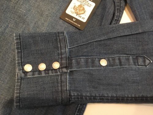 TRUE RELIGION WOMEN RELAXED GEORGIA DENIM BLUE SHIRT LS WC089ZB6 NWT XS $139 - Picture 4 of 5