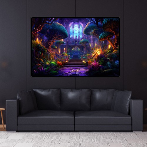DMT Mushroom Trip, UV tapestry, Blacklight Reactive, Psychedelic Wall Hanging - Picture 2 of 4