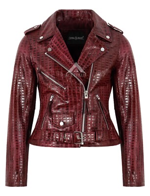 Mode-Lederjacke Damen Brando-Stil rot gewachst Kroko-Muster Biker Rindsleder