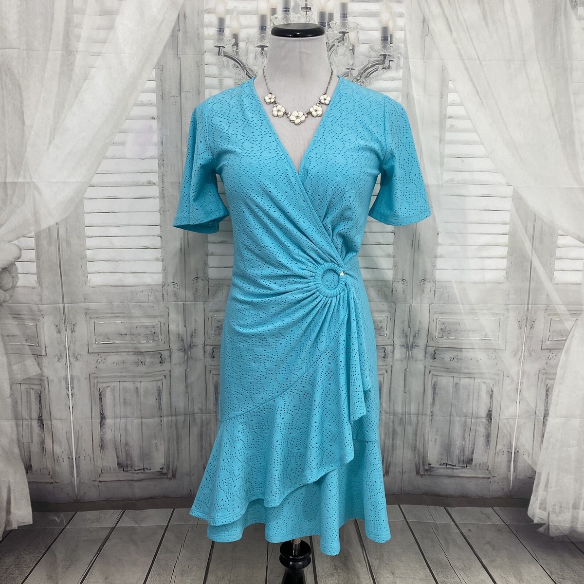 blue dress michael kors Size XS Eyelet Surplice Flutter Sleeve Faux Wrap NEW B3 Casual dresses This expertly M (M (10)) Reformation Christine Dress , Length:58