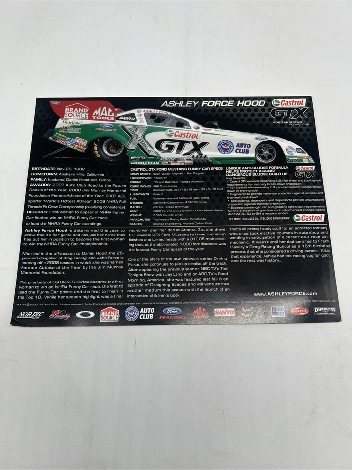 Ashley Force Hood Hand Signed Cardstock 2009 NHRA Dragster Nitro Funny Car 8x10 - Image 3 of 3