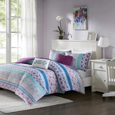 BEAUTIFUL MODERN CHIC PURPLE GREY AQUA TEAL BLUE BOHEMIAN GLOBAL COMFORTER SET