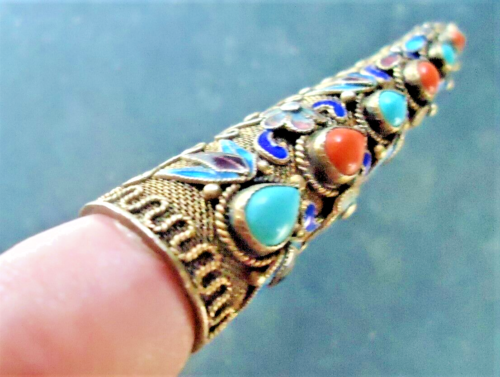 Chinese Silver Gilt Jeweled Fingernail 19thC Pin Enamel Coral and Turquoise Gem - Picture 1 of 10