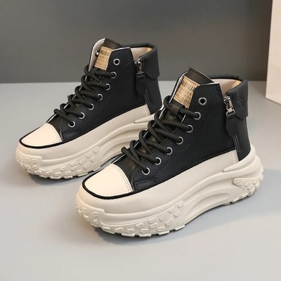 High-top Shoes Women Leather Women Sneakers Breathable Vulcanized Platform Shoes