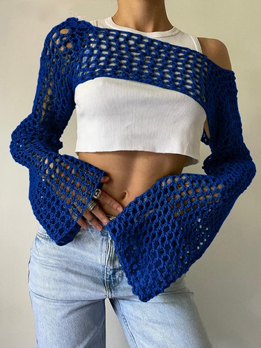 Sexy Damen Netz gehäkelt kurze Oberteile Achselzucke ausgehöhlt Strand Abdeckungen Strick T-Shirts - Bild 48 von 92