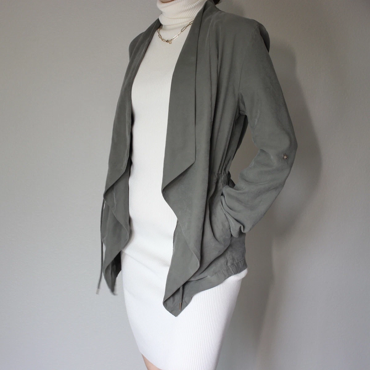 Zara Blazer Cardigan Size XS Open Front Roll Tab Long Sleeve Army Green Jacket
