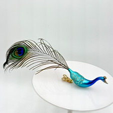 Peacock with Feathers Glass Christmas Clip Ornament Bird Ornament, Blue/Teal