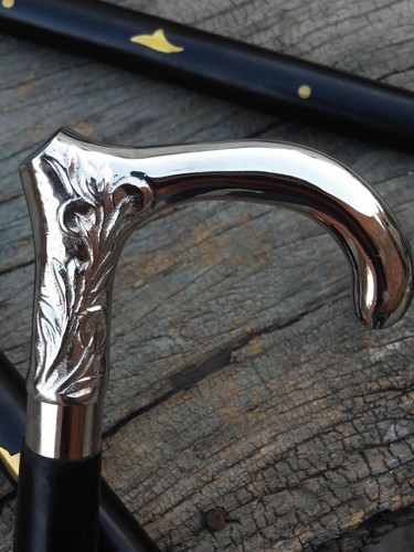 SILVER\ HEAD HANDLE WALKING STICK/CANE WITH WOODEN BLACK STICK CANE - Picture 2 of 8