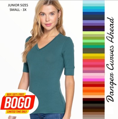 V Neck Elbow Length 3/4 T Shirt Top Active Basic Junior Sizing  S-L Plus XL-3X