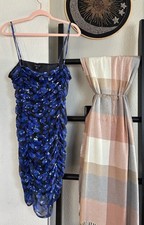 Karen Millen: Ruched Bodycon Mesh Black/Blue Abstract Strappy Dress New Size 12