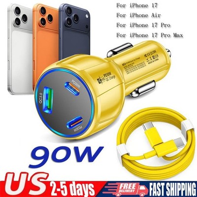 90W Double Type C Fast Charging USB Car Charger For iPhone 17 16 15 14 Pro Max