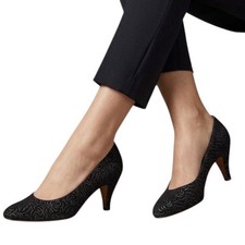 Salvatore Ferragamo Embossed Black Suede Pumps Mid Heel Almond Toe 6B