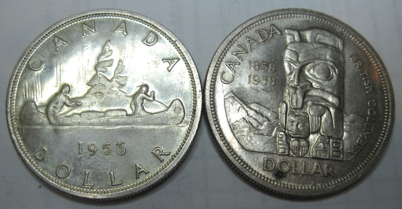 1958 & 1956 * 2 SILVER Canada Canadian DOLLARS Shown * USA ONLY * USA $5.00 SHIP