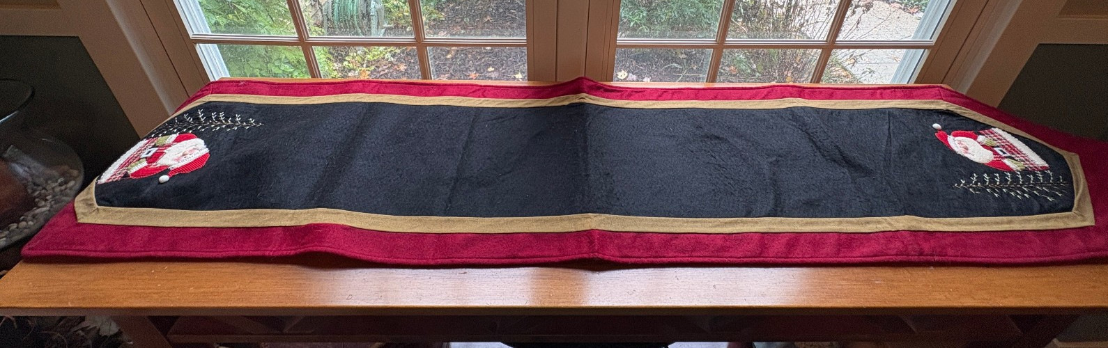 Long Santa Heavy Felt Table Runner 14.5"X 71" Applique  - Black Red & Tan