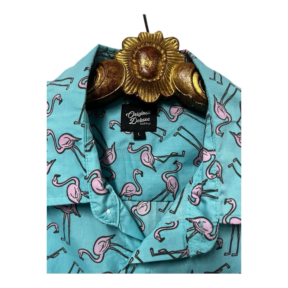 Original Deluxe Supply Blue Flamingos Cabana Resortwear Retro Shirt Mens Large - Image 3 of 4
