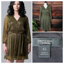 Simply Vera Wang Dress XS Gold Metallic 3/4 Length Sheer Sleeves Belted New
