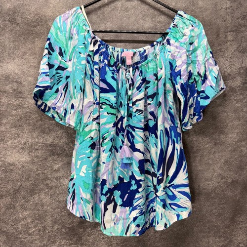 Lilly Pulitzer Sain Top Womens M Capri Teal Off Tropic Off the Shoulder Tassels