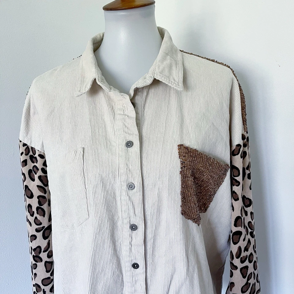 Umgee Lentejuelas Leopardo Estampado Animal Pana Camisa Chaqueta Chaqueta L Grande Boho Foto 3 de 4