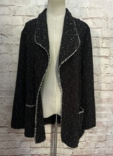 Max Studio Tweed Knit Blazer Open Front Black White Fringe Trim Size 1X NEW