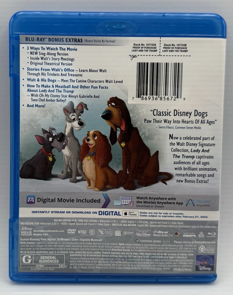 Lady and the Tramp Blu-Ray DVD Widescreen The Walt Disney Signature Collection - Image 2 of 3