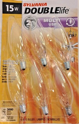 Sylvania Double Life 15W Light Bulb 6 B10 Bulbs 3000 Hours Small Base