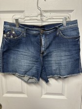 Rock Republic Women's Hula Shorts Blue Denim, Mid-Rise, Patriotic, Frayed Hem