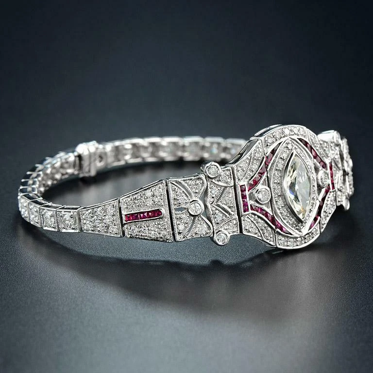 Art Deco Marquise Diamond 8.95 Carat Ruby French Cut Style Diamond Bracelet  - Image 2 of 4