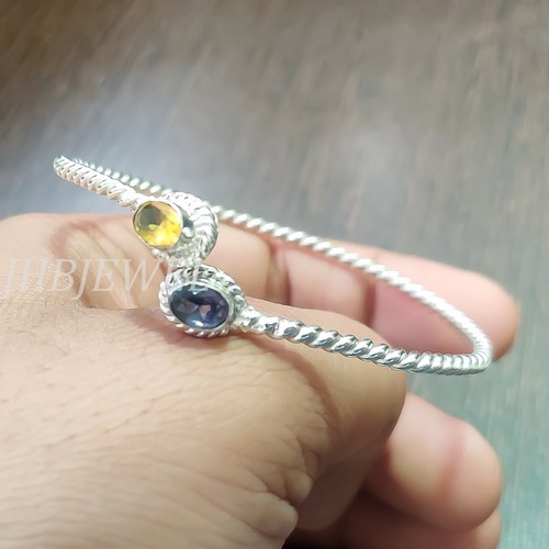 Citrine & Faceted Amethyst Gemstone 925 Sterling Silver Dainty Style Cuff Bangle - Picture 7 of 8