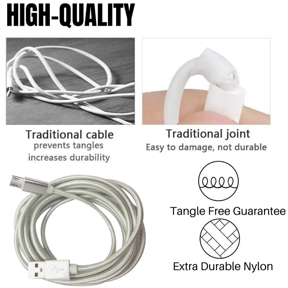 Paquete de 3 cables micro USB trenzados de 10 pies cable de carga rápida para Samsung HTC Android Foto 2 de 4