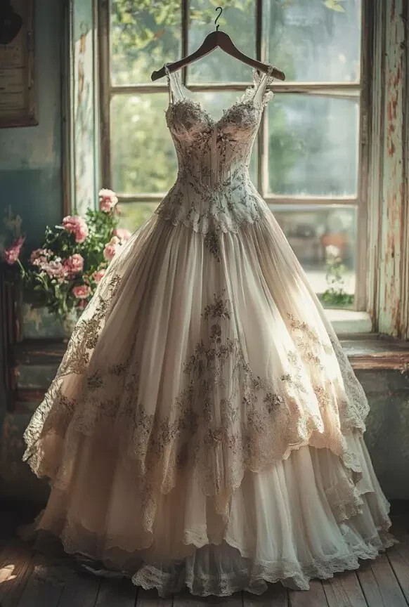 Vintage Champagne Wedding Dresses with Straps A Line Ruffles Bridal Gowns