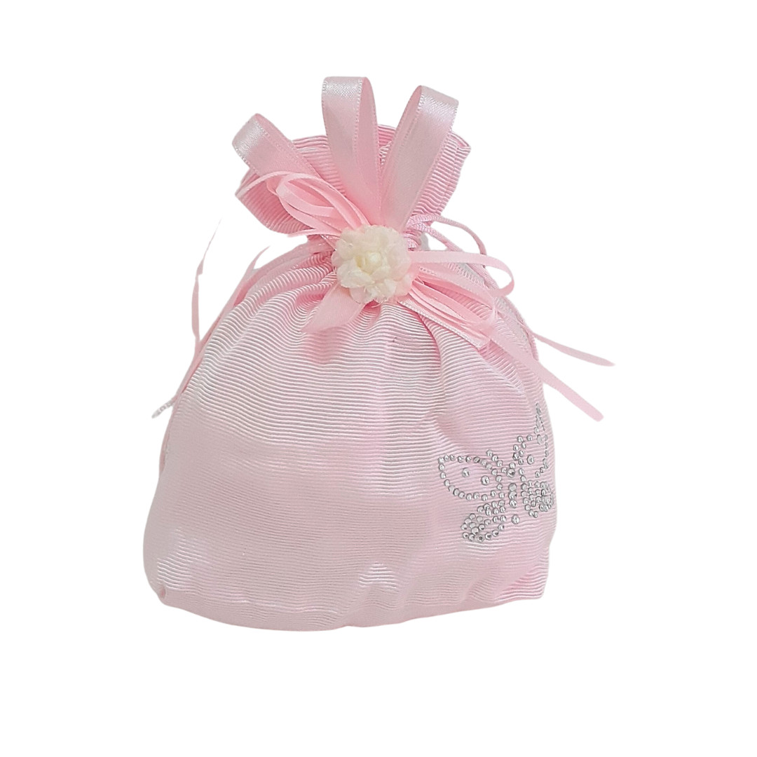 Detalles bautizo niña rosa con bombones, bolsa algodón regalo de invitados 15x20