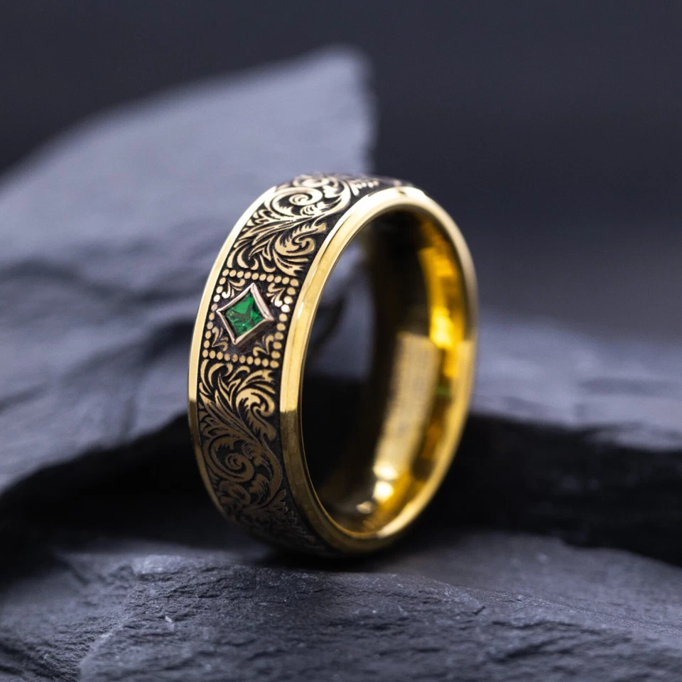 8mm Yellow Gold Plated Tungsten Ring with Green Emerald and Victorian Engravings - Image 2 of 4