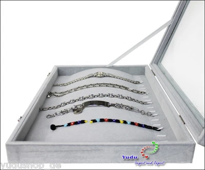 YUDU Schmuckkaste Schaukasten Schmucklade für Ketten Glasdeckel grau