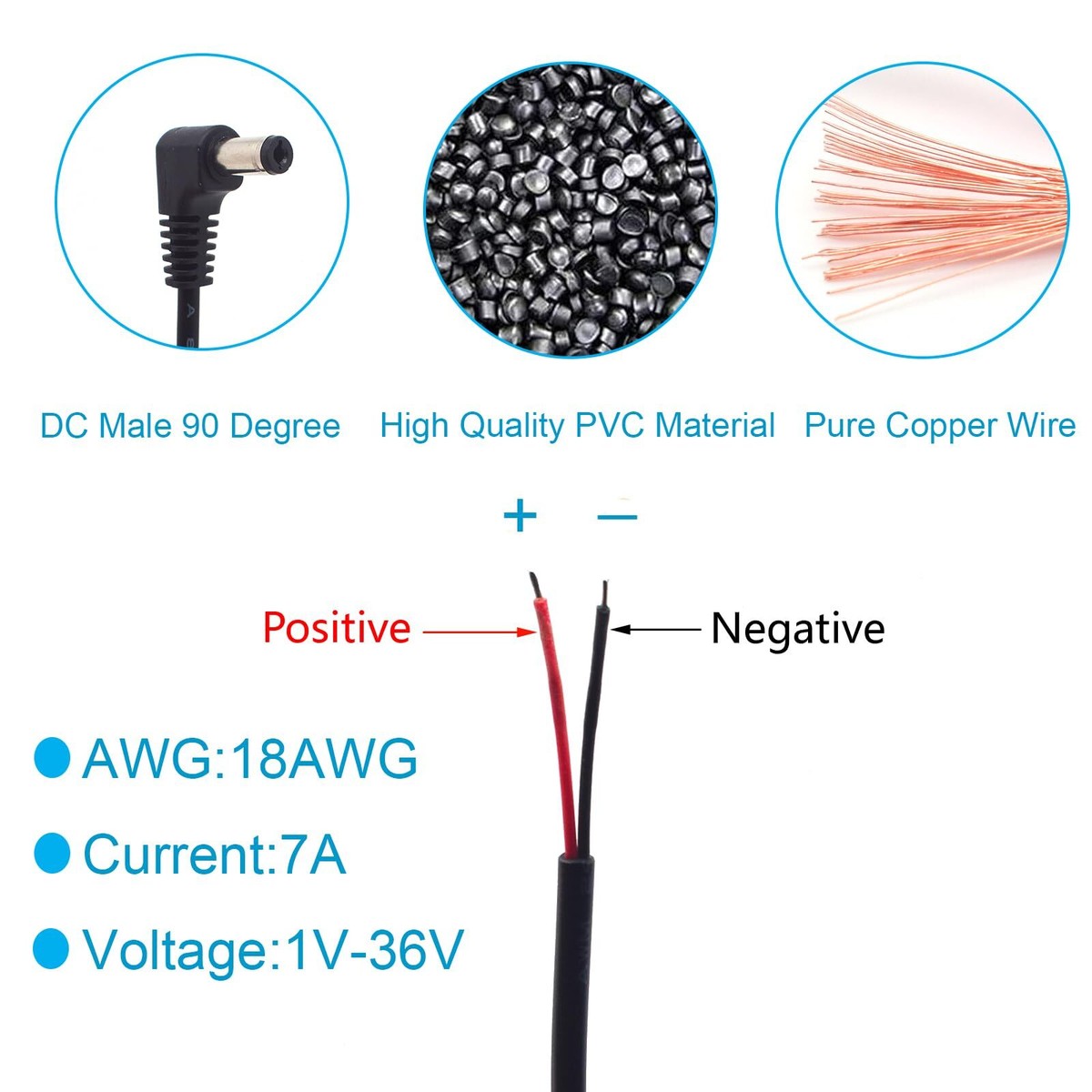 90 Degree Right Angle DC Power Cable 5.5x2.1mm - 1FT 18AWG For Cameras