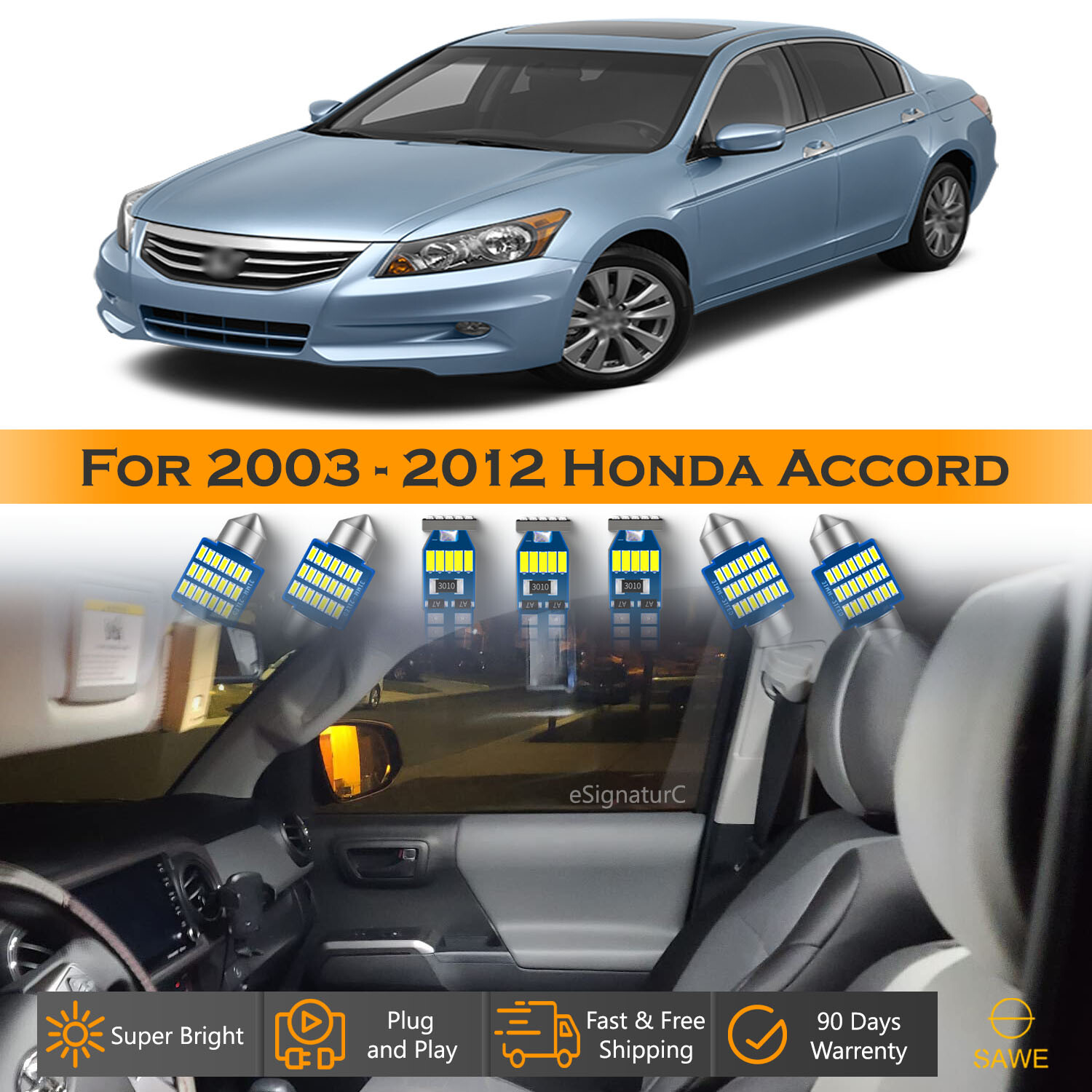 14 x Ultra White LED Lights Interior Package Kit For 2003 - 2012 Honda Accord