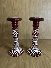 Set Of 2 Pier One Red & White Striped Glass Pilar Taper Candleholders Candy Cane