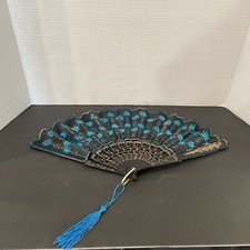 Sequine Asian Hand Fan-beautiful Teal Blue/black S-2