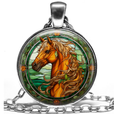 Horse Necklace Equestrian Celtic Green Faux Stained Glass Art Print 24'' Chain