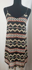 A-line mini dress, zigzag/striped print, spaghetti strap, black/orange, size S