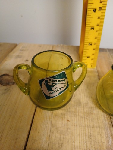 Vintage Jamestown VA Hand Blown Green Crackle Glass Sugar And Creamer Set Pair - Picture 3 of 8