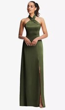 Dessy 3123..Shawl Collar Open-Back Halter Maxi Dress with Pockets..Olive..Sz 00