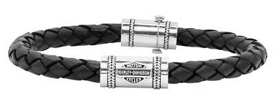 Harley-Davidson Men's Leather Silver Bar & Shield Rope Bracelet, Black HDB0376
