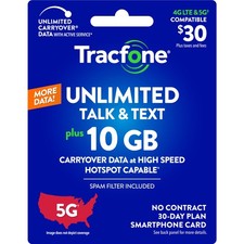 Tracfone 30 Unlimited Talk  Text, 10 GB of Data / 30 Days Physical Card 