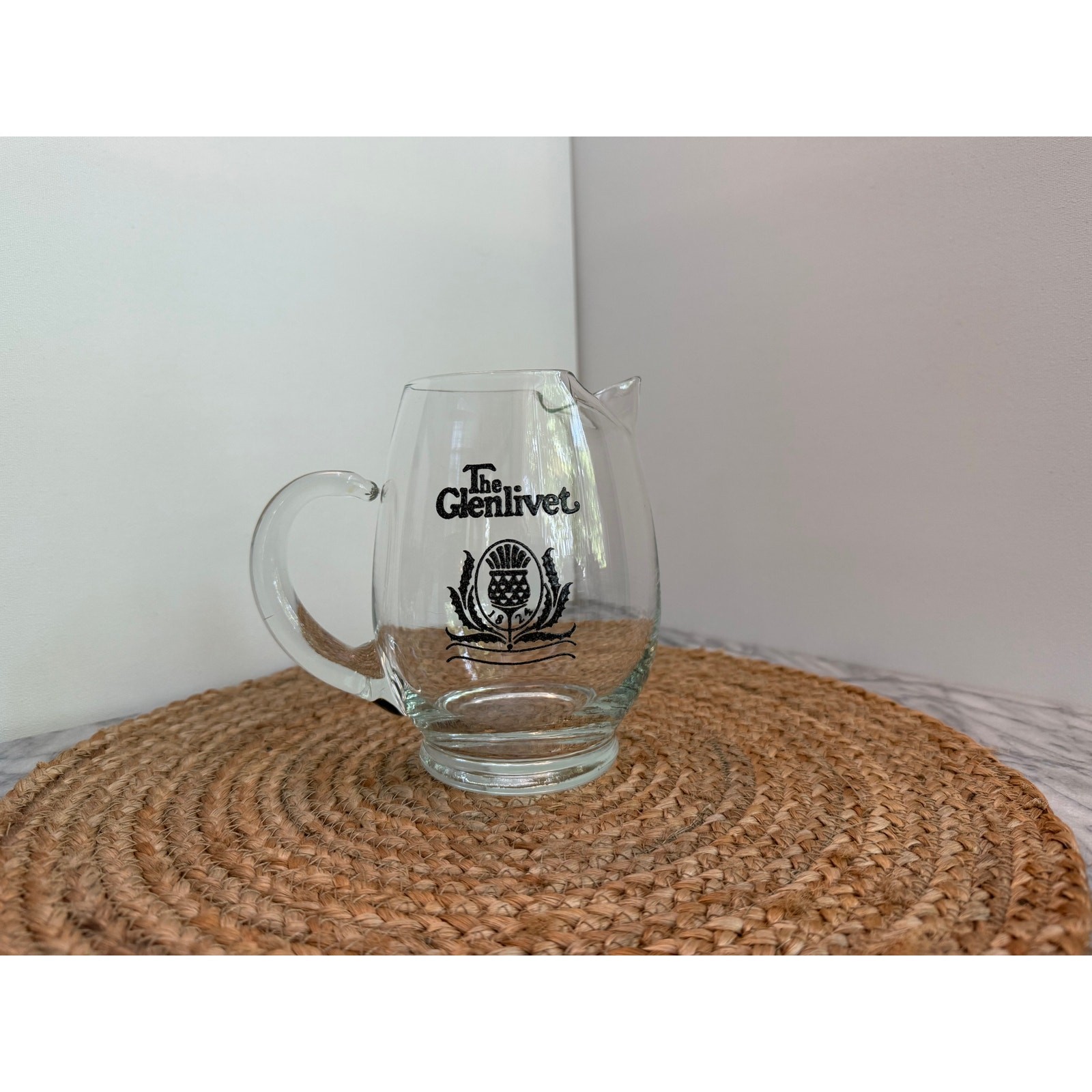 Vintage Glenlivet 32 oz glass cocktail pitcher with retro charm  