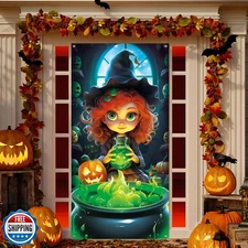 LOAVER Halloween Door Cover Decoration,Large Halloween Front Door Cover Witch