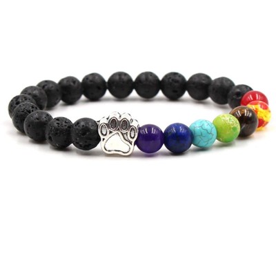 7 Chakra Naturstein Pfote Bettelarmband (schwarz) Lavagestein Mala Perlen elastisch B