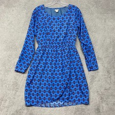 J Crew Womens 4 Blue Geometric Fit Flare Dress Long Sleeve Gathered Waist 12292