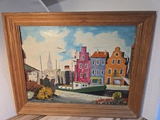 Città portuale ingenua con piroscafo - olio su tela firmato.